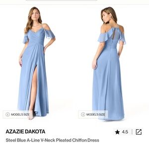 AZAZIE DAKOTA Steel Blue A-Line V-Neck Pleated Chiffon Dress